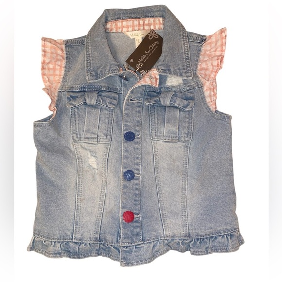 NWT Matilda Jane Light Wash Blue Denim Vest w/ Ruffled PNK Gingham Sleeves SZ 8 - Picture 1 of 6